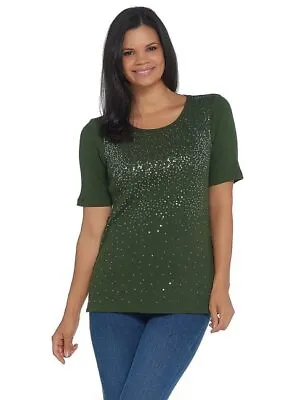 Quacker Factory Green Elbow-Sleeve Metallic Sequin Scoop Neck Rib Knit Top New • $22.95