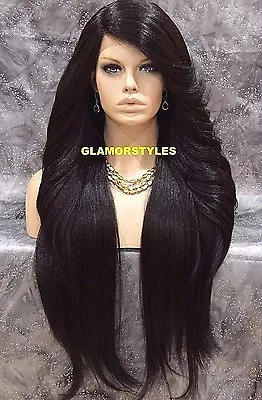 Lace Front Full Wig Extra Long Straight Layered Side Part Dark Brown #2 Heat Ok • $79.95