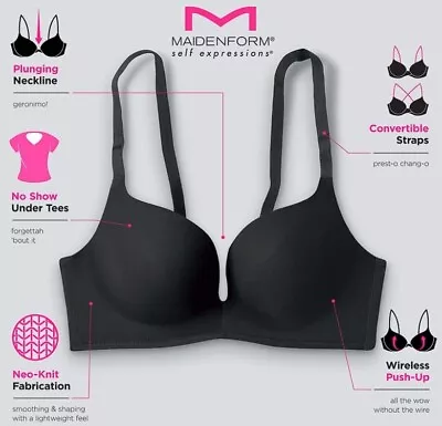 Maidenform Self Expressions Women's Non-Wired Plunge Push-Up Padded Bra 34B • £14.99