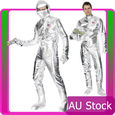 Mens Spaceman Costume Adult Astronaut Fancy Dress Space Man Nasa Silver Jumpsuit • £37.98