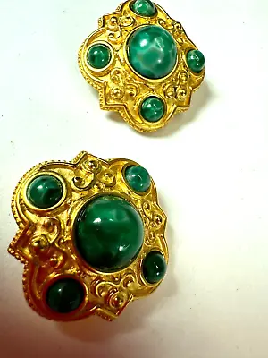 $34 • Buy Vintage Earrings Clip On Medallion Green Glass Cabochon Moghul Jewelry Costume