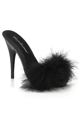 Fabulicious POISE-501F Black Satin/Marabou Fur Mule Shoes UK3 • £61