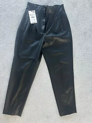 Zara Faux Leather Trousers Black BNWT High Waist Slim Leg Size M • £20