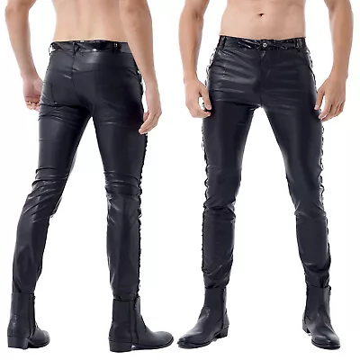 Mens Wet Look Leggings Skinny Slim Fit Straight Leg Metallic Long Pants Trousers • £31.19