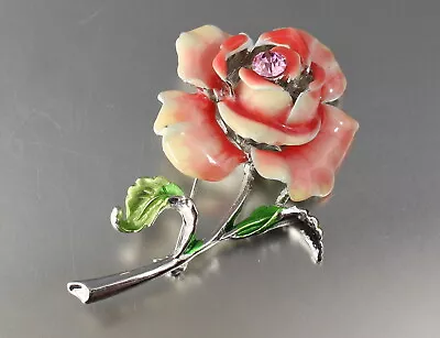 Vintage 60’s Pink Crystal Glass Rhinestone & Enamel Rose Flower Pin Brooch • $5.99