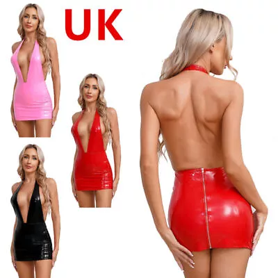 UK Women's Mini Dress Wet Look Leather Backless Bodycon Halter Deep V Neck Club • £14.99