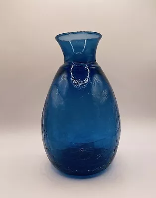 Vintage Hand Blown Blue Crackle Glass Vase Height 19cm • $55
