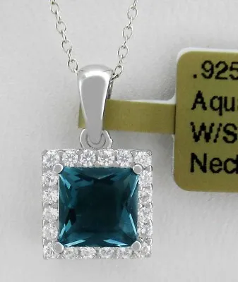 LAB CREATED 1.12 Cts AQUAMARINE & WHITE SAPPHIRES PENDANT NECKLACE .925 Silver • $0.99