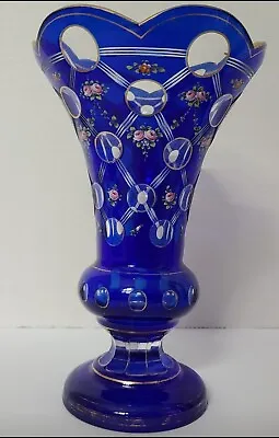 Antique Bohemian Cobalt Blue Cut To Clear Enameled Vase Moser Harrach • $69