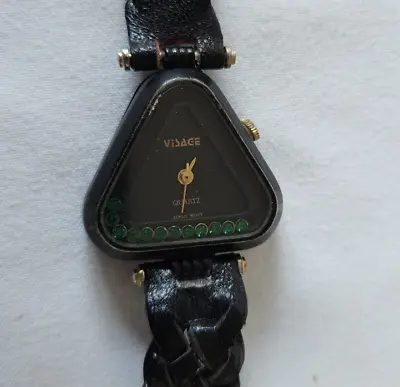 Estate Sale- Vintage Visage Triangle Watch Floating Green Crystals Woven Band • $19.99