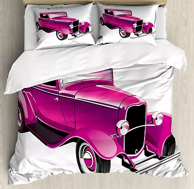 Hot Pink Duvet Cover Set With Pillow Shams Vintage Muscle Car Print • $69.99