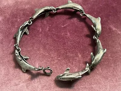 Vintage Kabana Sterling Silver Figural Dolphin Fish Link Bracelet • $65