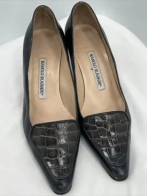 MANOLO BLAHNIK Brown Alligator Crocodile Pointed-toe Kitty Heels Italian Shoe 36 • $188.30