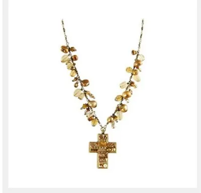 Michal Golan Earth Tones Cross Necklace Gold Toned Beads And Crystals • $24.50