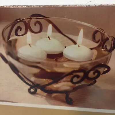 Floating Candle Set 3 3/4  X 7  W/ Bowl Metal Holder Rocks And Candles 2003 • $34.18