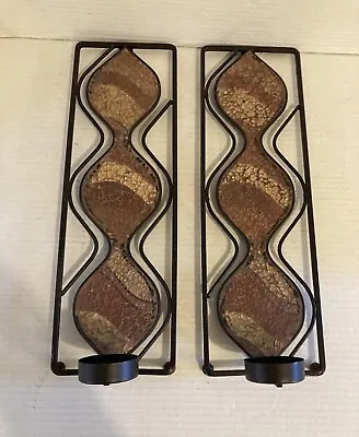 Pair Of Decorative Black Iron Wall Sconce Candleholders With Brown Mosaic Glass • $24.50