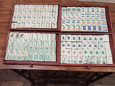 Mahjong Set Antique Bone & Bamboo Wooden Case Bone Money 146 Tiles • $159.95