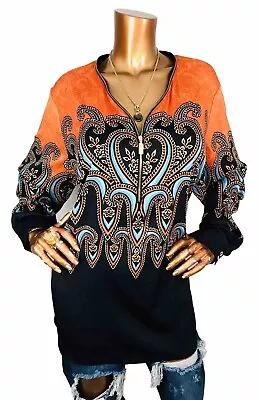 Bob Mackie 2X Plus Top Stretch 1/2 Zip Up Long Sl Paisleys Shirt Low V Cut Tunic • $21.99