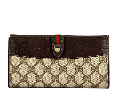 Gucci Vintage Leather Canvas Sherry Line Long Wallet GG Supreme Brown Authentic • $118