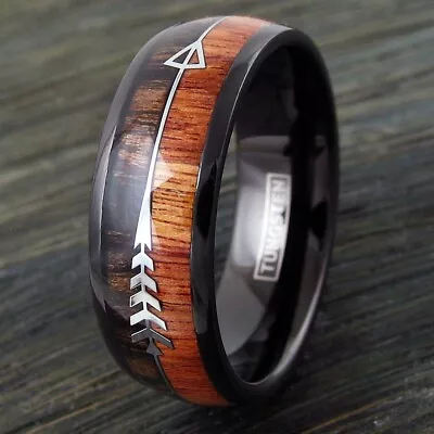 8mm Black Tungsten Men's Wood & Arrow Wedding Band Ring - Engraving Available • $14.99