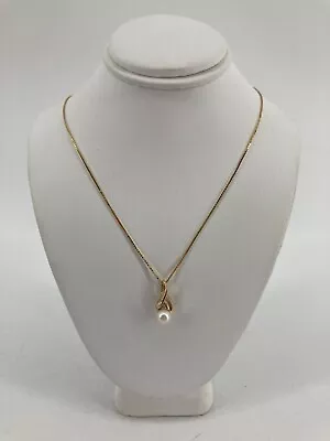 14KT Yellow Gold Box Chain With Pearl And Diamond Pendant 24in 3.9g • $299.99