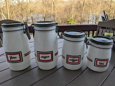 Vintage Wheaton Milk Glass Canister Set 4 Piece Red & Green Graphics Mcm • $100