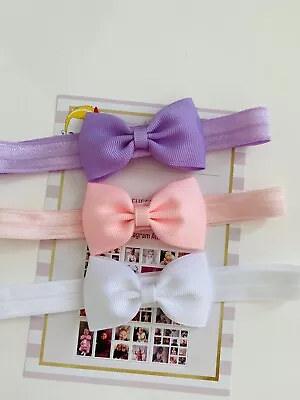 3 Baby Bow Headbands Newborn - 36m PinkLilac & White Soft Elastic UK Seller • £3.99