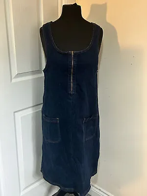 Women's Dark Blue Denim Zip Up Pinafore Dress With Front Pockets Size 16 • £14.99