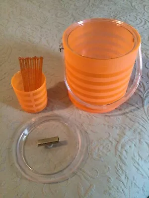 Vintage Mid Century MCM Mod ORANGE ICE BUCKET Clear Lucite Handle  BARWRE SET • $79