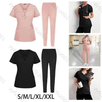 £13.99 • Buy 2Pcs/Set Women V-Neck Nursing Scrub Suit Nurse Uniform T-Shirt Tops Pants Set