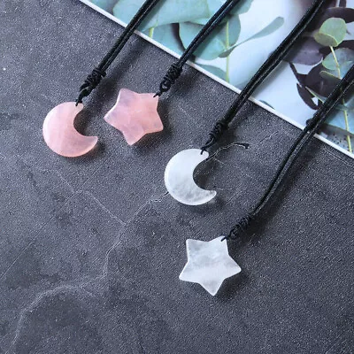 Moon Star Hand Carved Crystal Pendant Natural Rose Quartz Clear Quartz Necklace • $10.09