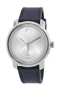 Brand New Movado Bold Men’s Silver Dial Navy Blue Leather Strap Watch 3600769 • $275