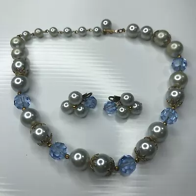 F Lisner Pearls Blue Crystals 50s Mcm Vtg Retro Set Cluster Earrings Necklac • $19.75