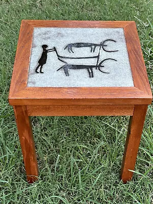 Petroglyph Cave Art Style Ceramic Tile Top Side Table Plant Stand Mission Oak • $179