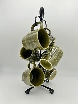 6 Ceramic Mugs Metal Mug Tree Avocado Green Japan Sunburst Brand NOS Vintage • £38.60