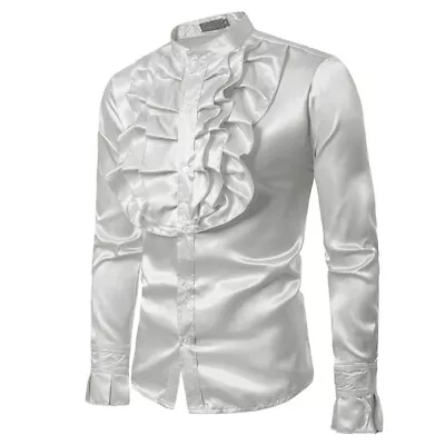 Men Ruffle Shirts Satin Chest Flower Prom Party Long Sleeve Performance Costume • £10.33