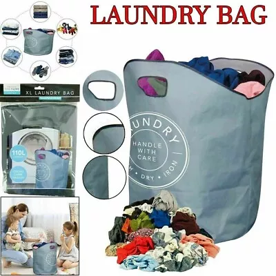 XL LAUNDRY BAG Basket Handles Foldable Washing Sack Clothes Storage Bin Bag • £5.35