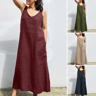 $22.98 • Buy Summer Women Sleeveless V-Neck Tank Dress Casual Loose Midi Sundress Kaftan Plus