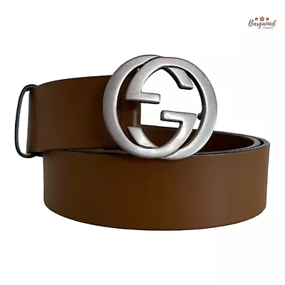 Authentic Gucci Brown Calfskin Leather Silver Interlocking G Buckle Belt 90/36 • $350