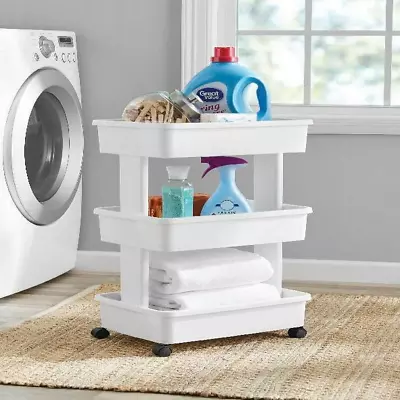 3-Tier Plastic Rolling Laundry Cart Storage Baskets Cleaning Tool Towels Shelves • $24.78