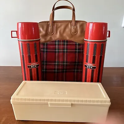 Vintage Red Plaid THERMOS Travel Picnic Set Canvas Bag King Seeley 1971 • $40