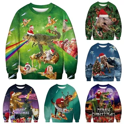 Unisex Merry Christmas Dinosaur Santa Claus Sweater Ugly Pullover Top Xmas Gifts • $27.49