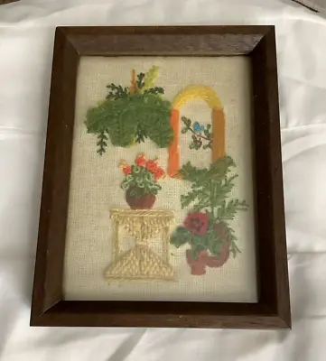 Vintage Finished Crewel Needlepoint Framed Picture Flowers Ferns Gazebo • $25