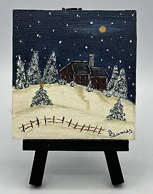 Vintage Handpainted Miniature Dollhouse Winter Scene Picture Easel Signed ￼ • $21.99