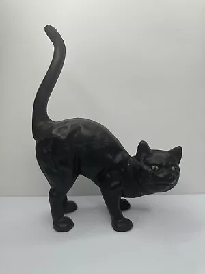 Vintage Cast Iron Halloween Black Cat Hubley 10  Tall Heavy Green Eyes • $70