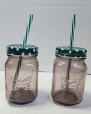 Pioneer Woman Purple Glass Mason Drinking Jar Mug Cup Butterfly Lid 32 Oz Set  • $34.99