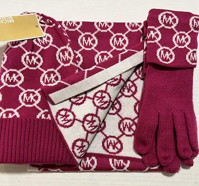 Michael Kors 3-Piece Set SCARF HAT & GLOVES Dark Fuchsia Pink Mk Logo NWT • $45