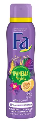 Fa Ipanema Nights (0% Aluminium Salts) Spray Deodorant Jasmine Maracuja 150 Ml  • $9.49