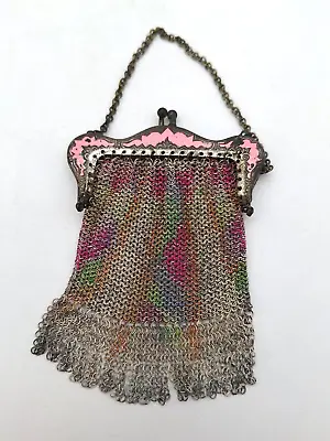 Miniature French Chain Mail Mesh Pink Enamel Purse 3  X 4  Doll Size Antique • $59