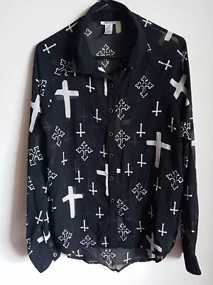 MARISOL Black Sheer Chiffon Gothic Medieval Celtic Upside Down Crosses Blouse L • $16.99